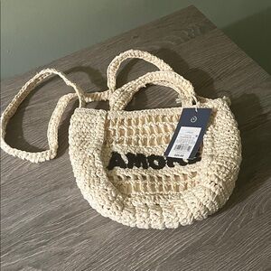 Universal Thread Cream Woven Straw Crossbody Tote with Black Amore Accent